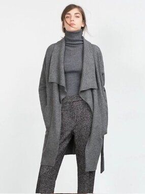 ZARA  I  GREY VISCOSE WOOL WRAP WATERFALL COAT  I  SIZE XS